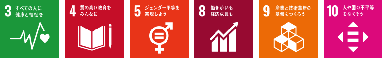 3.すべての人に健康と福祉を 4.質の高い教育をみんなに 5.ジェンダー平等を実現しよう 8.働きがいも経済成長も 9.産業と技術革新の基盤をつくろう 10.人や国の不平等をなくそう