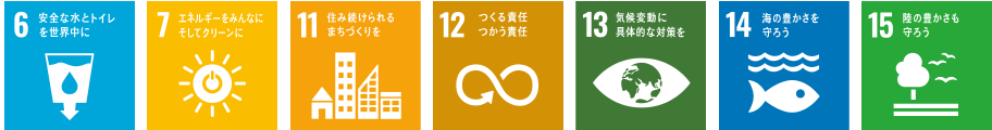 6.安全な水とトイレを世界中に 7.エネルギーをみんなに そしてクリーンに 11.住み続けられるまちづくりを 12.つくる責任つかう責任 13.気候変動に具体的な対策を 14.海の豊かさを守ろう 15.陸の豊かさも守ろう